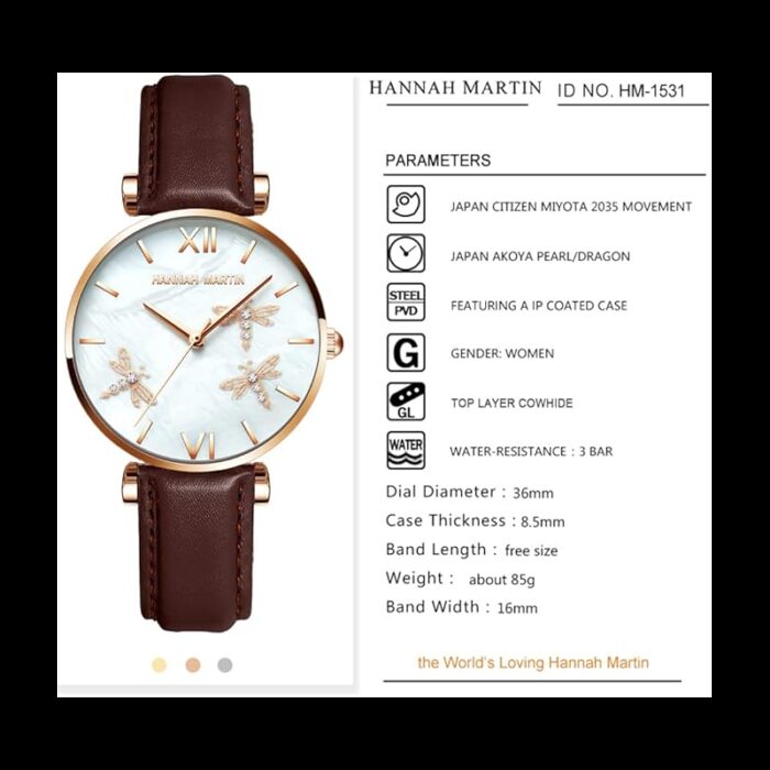 ⁦ساعة يد كوارتز جلد من Hannah Martin للنساء لون بني غامق⁩ - الصورة ⁦2⁩