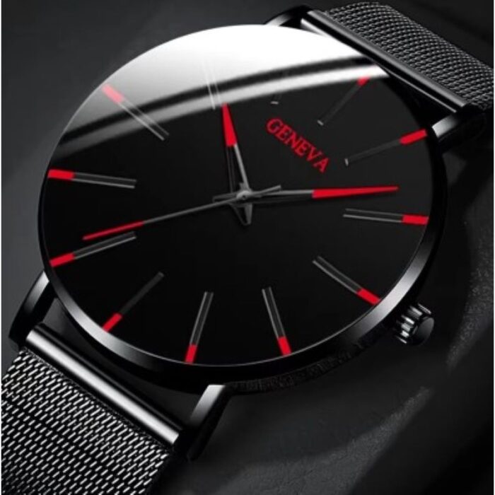 103375651_67fad4d8cb35d ساعة يد دائرية رجالية كوارتز فخمة مع حزام شبكي أنيق - من الستانلس ستيل- ماركة Geneva لون أسود مع عقارب باللون الأحمر - الصورة 1