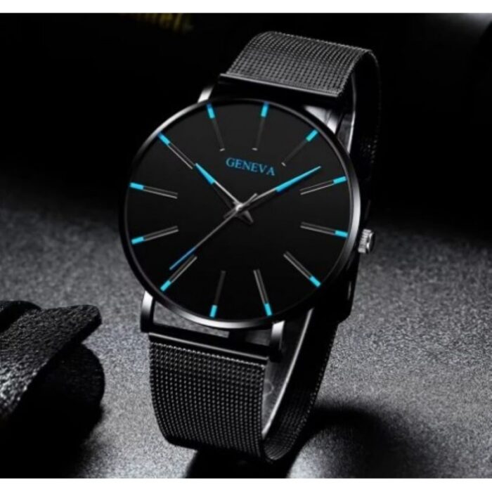 103375652_67fad4db4bbaa ساعة يد دائرية رجالية كوارتز فخمة - حزام شبكي أنيق - من الستانلس ستيل- ماركة Geneva - لون أسود مع عقارب باللون الأزرق - الصورة 1