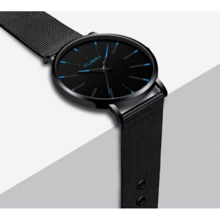 ⁦ساعة يد دائرية رجالية كوارتز فخمة - حزام شبكي أنيق - من الستانلس ستيل- ماركة Geneva - لون أسود مع عقارب باللون الأزرق⁩ - الصورة ⁦2⁩