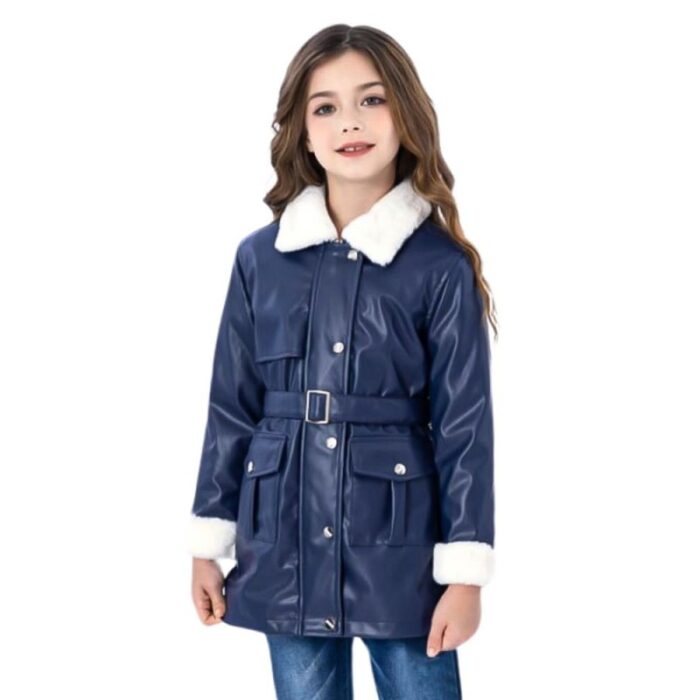 ⁦سترة بناتي جلد مبطن ثقيلة لون كحلي⁩ - الصورة ⁦3⁩