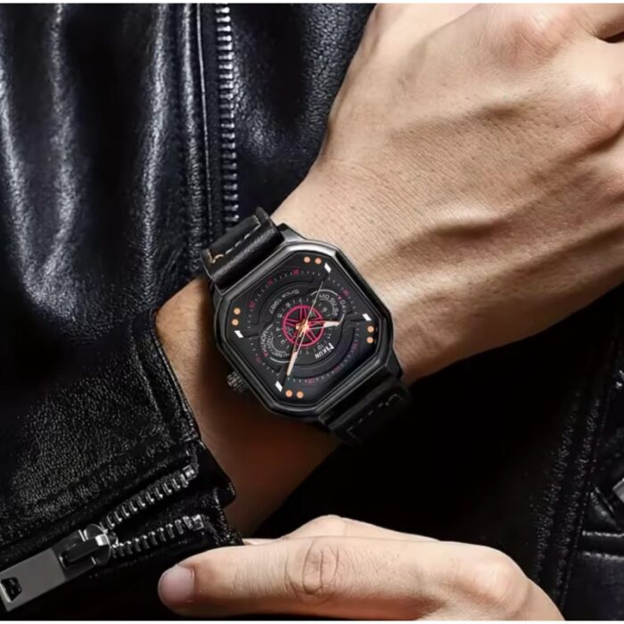 ⁦ساعة جلد للرجال بتصميم مربع⁩ - الصورة ⁦2⁩