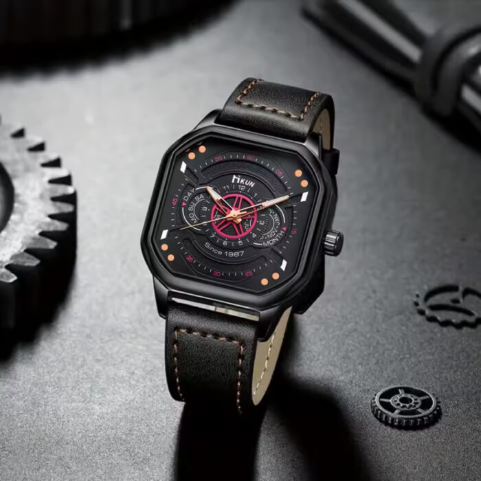 ⁦ساعة جلد للرجال بتصميم مربع⁩ - الصورة ⁦3⁩