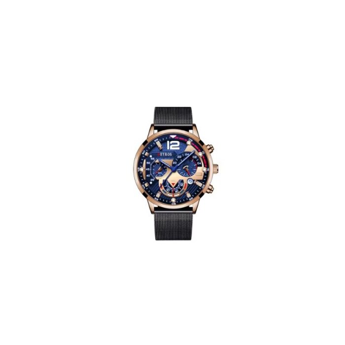 103378984_67fadb0f5a245 ساعة يد كوارتز فخمة للرجال - ذات حزام شبكي من الستانلس ستيل المقاوم للصدأ - لون أسود وأرضية زرقاء وذهبي - ماركة Deyros - الصورة 1