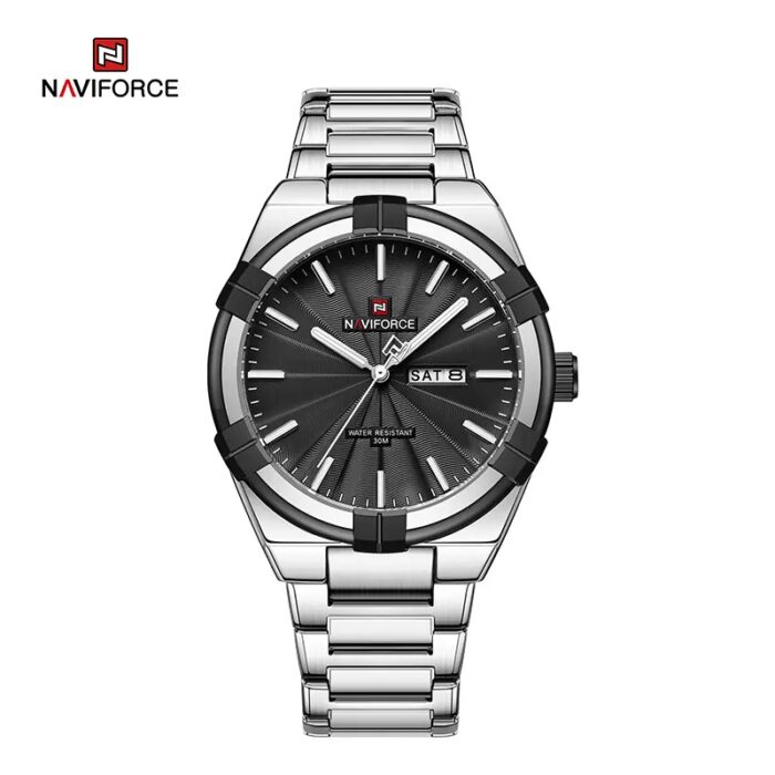 ⁦ساعة رجالية دائرية مع حزام معدني لون فضي و اسود⁩ - الصورة ⁦2⁩