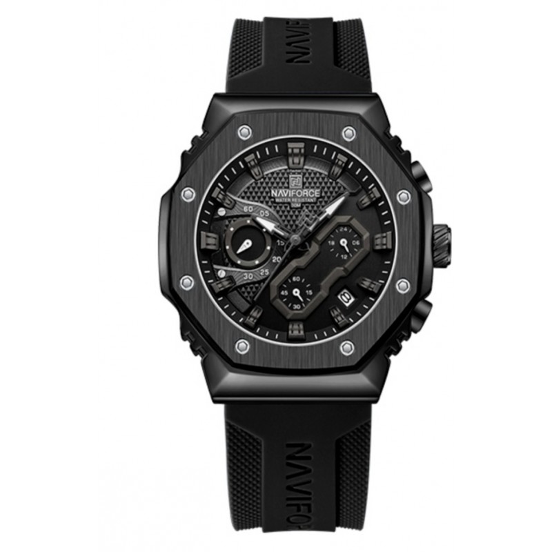 ⁦ساعة رجالية دائرية مع عقارب مزدوجة و حزام جلدي لون اسود⁩ - الصورة ⁦1⁩