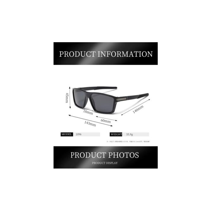 103380410_67fade33cb4ce نظارة حساسة للضوء Polarized عدسة مربعة أصلية إطار وعدسة لون أسود - الصورة 1