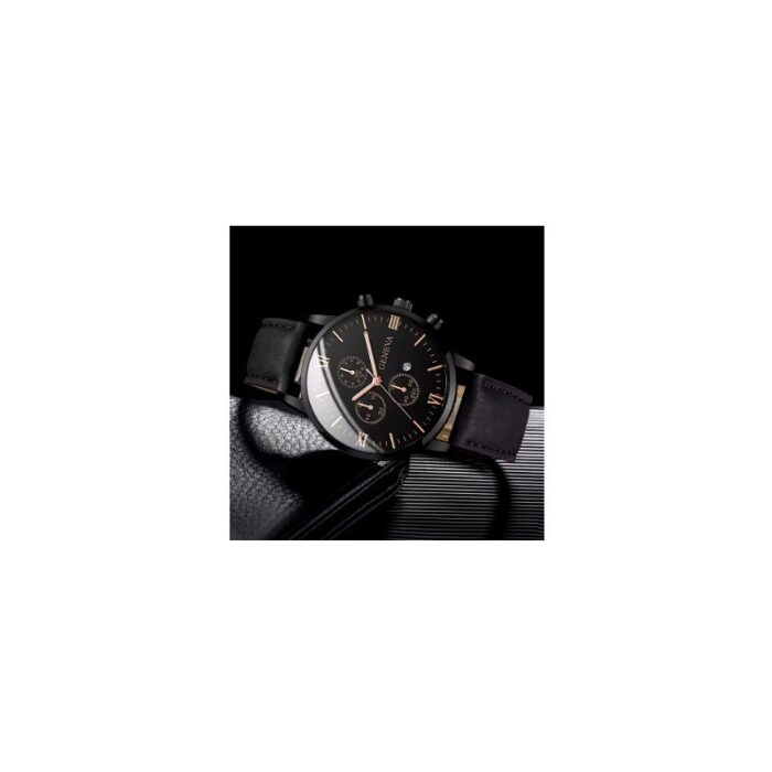 ⁦ساعة يد كوارتز رجالية مميزة مع حزام جلد أنيق لون أسود ماركة Geneva⁩ - الصورة ⁦3⁩