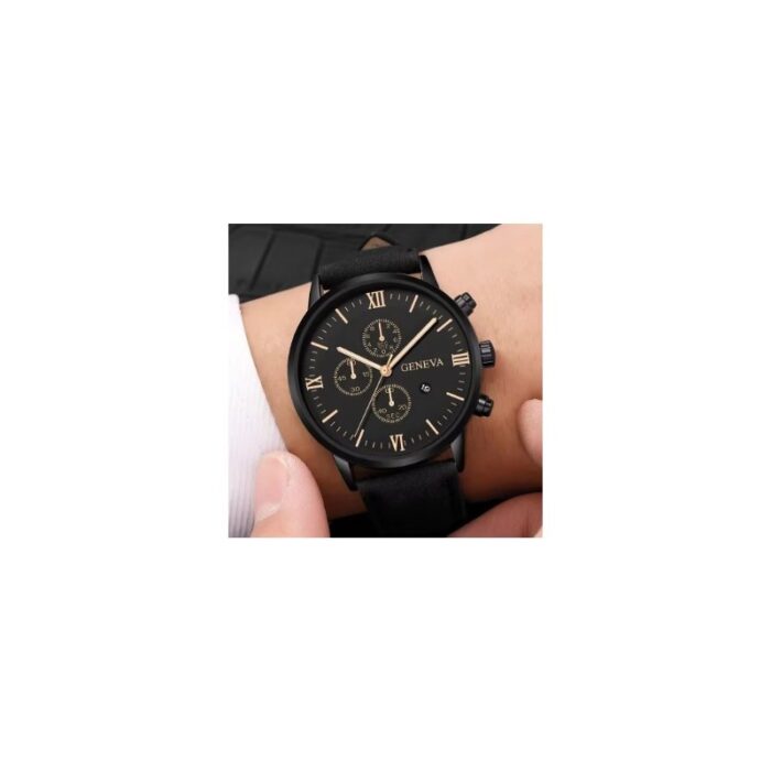 ⁦ساعة يد كوارتز رجالية مميزة مع حزام جلد أنيق لون أسود ماركة Geneva⁩ - الصورة ⁦4⁩