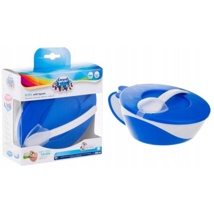 103380920_67ff5cc00d22d صحن طعام مع ملعقة للأطفال لون أزرق 350 مل - الصورة 1