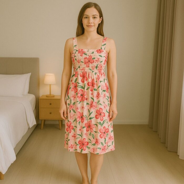 ⁦فستان صيفي للنساء لون بيج مورد⁩ - الصورة ⁦2⁩