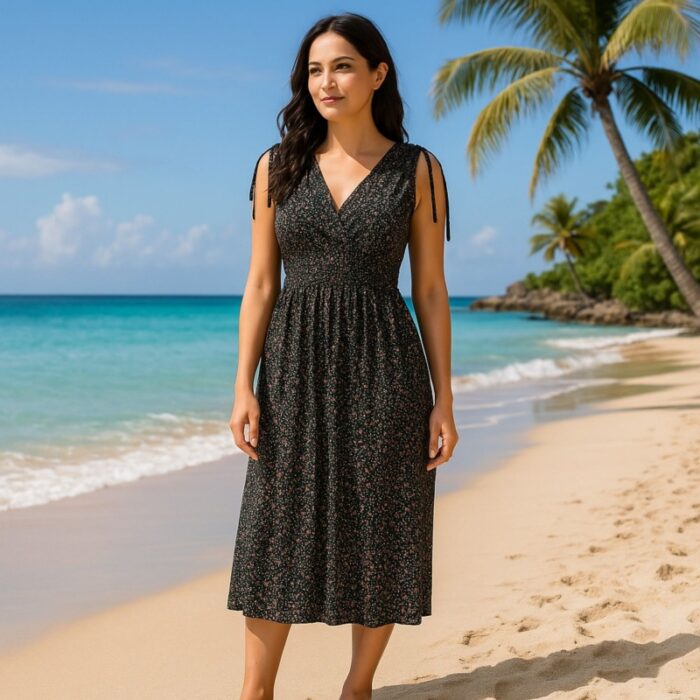 ⁦فستان صيفي طويل للنساء لون أسود مورد صغير⁩ - الصورة ⁦4⁩