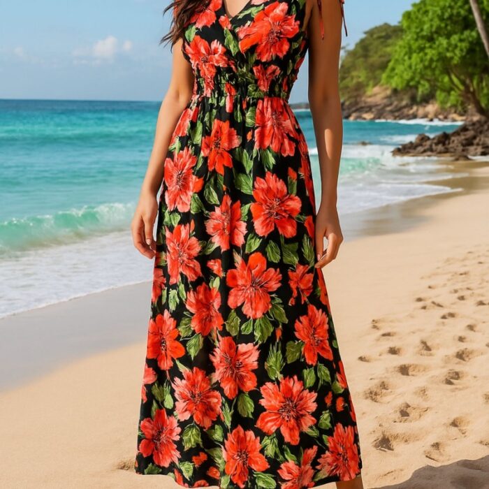 ⁦فستان صيفي طويل للنساء لون أسود مورد أحمر⁩ - الصورة ⁦4⁩