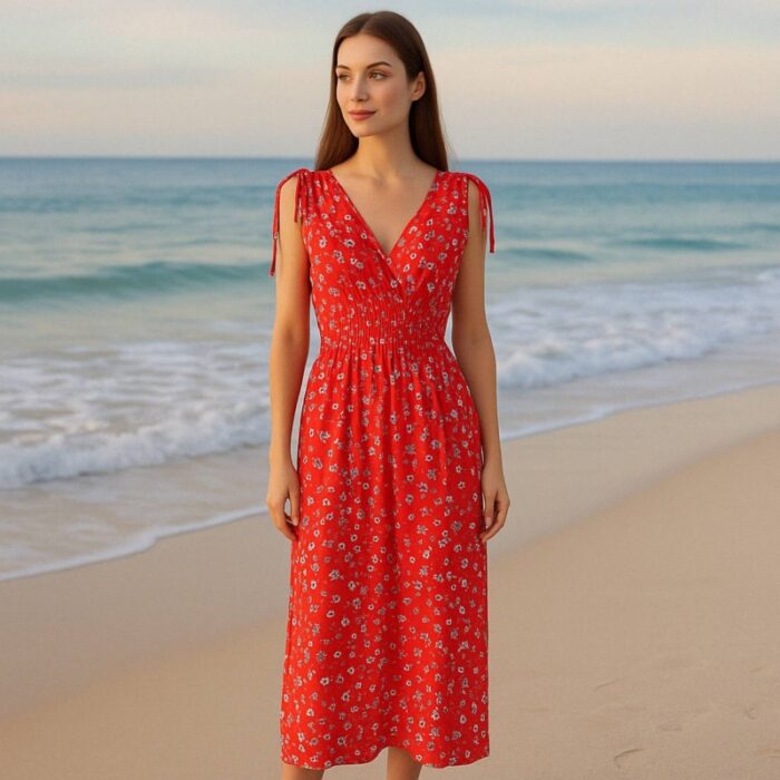 ⁦فستان صيفي طويل للنساء لون أحمر مورد⁩ - الصورة ⁦5⁩