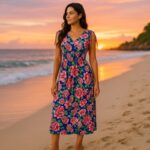 ⁦فستان صيفي طويل للنساء لون أزرق مورد زهري⁩ - الصورة ⁦4⁩