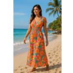 ⁦فستان صيفي طويل للنساء لون زهري مورد برتقالي⁩ - الصورة ⁦6⁩