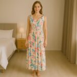 فستان صيفي طويل للنساء لون بيج مورد