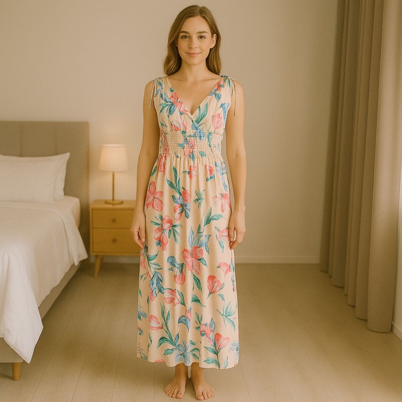 ⁦فستان صيفي طويل للنساء لون بيج مورد⁩ - الصورة ⁦1⁩