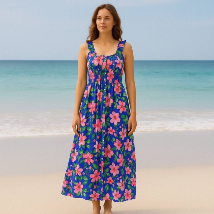 ⁦فستان صيفي طويل للنساء لون أزرق مورد⁩ - الصورة ⁦4⁩