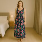 ⁦فستان صيفي طويل للنساء لون كحلي مورد⁩ - الصورة ⁦4⁩