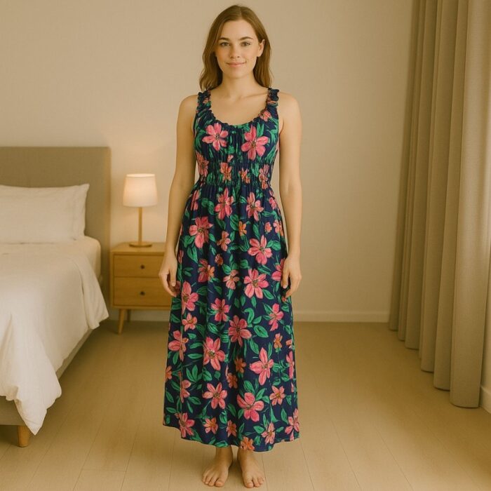 ⁦فستان صيفي طويل للنساء لون كحلي مورد⁩ - الصورة ⁦4⁩