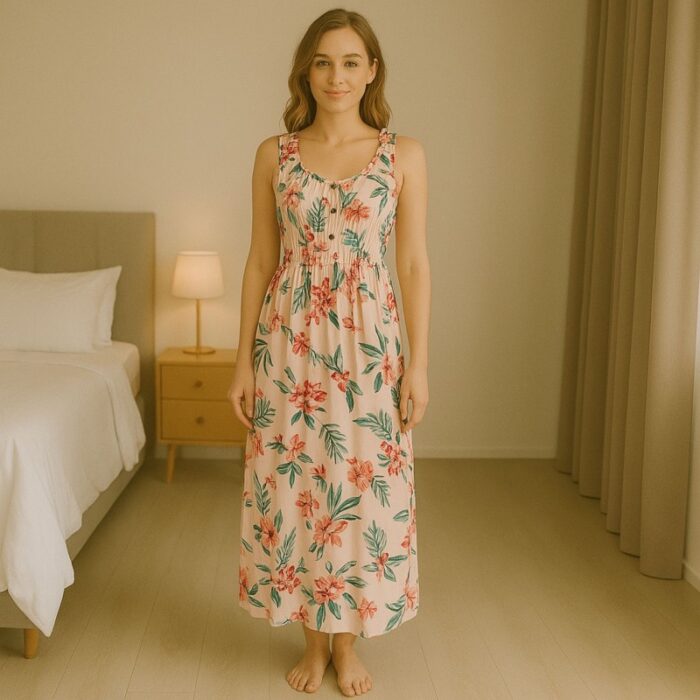 ⁦فستان صيفي طويل للنساء لون بيج مورد⁩ - الصورة ⁦5⁩