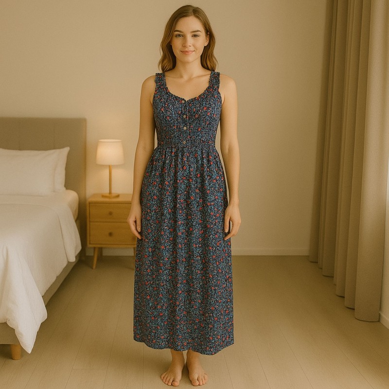 ⁦فستان صيفي طويل للنساء لون كحلي مورد⁩ - الصورة ⁦1⁩