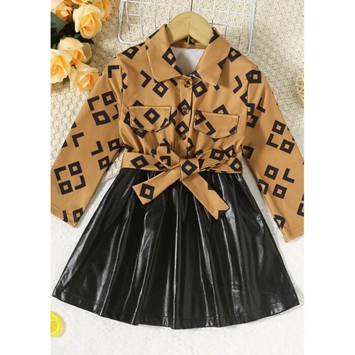 ⁦فستان جلد بناتي لون بني و أسود⁩ - الصورة ⁦2⁩