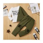 بيجامة قطعتين زيتي وابيض ربيعي