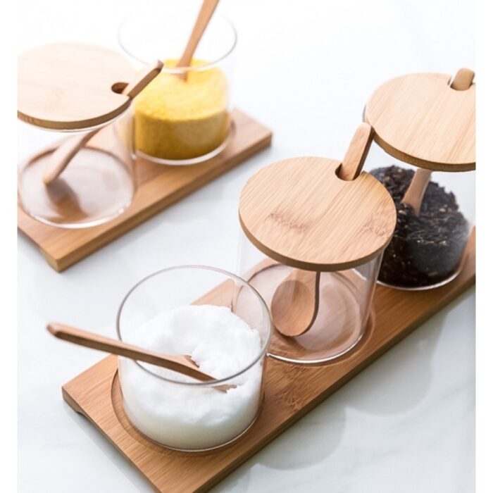 10322221_683320e945224 طقم 3 علب زجاج مع غطاء ومعالق وقاعدة بامبو - الصورة 1