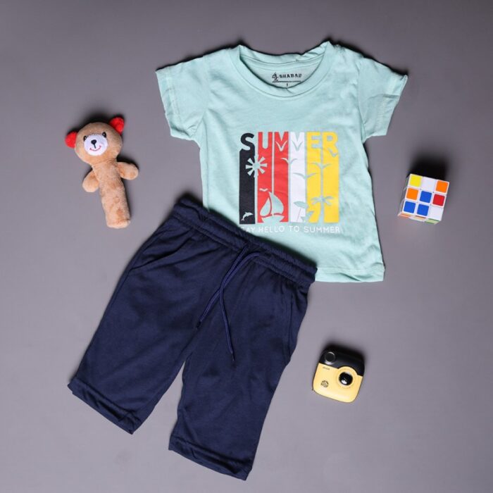 ⁦طقم قطعتين تيشيرت وشورت للأطفال لون فيروزي وكحلي⁩ - الصورة ⁦2⁩