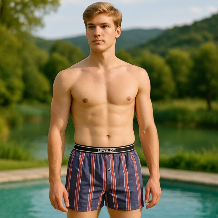 103381071_6813525006cf7 بوكسر بتصميم زر مخطط طولي للرجال لون بترولي وبرتقالي - الصورة 1