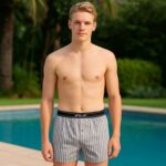 بوكسر بتصميم زر مخطط طولي للرجال لون أبيض