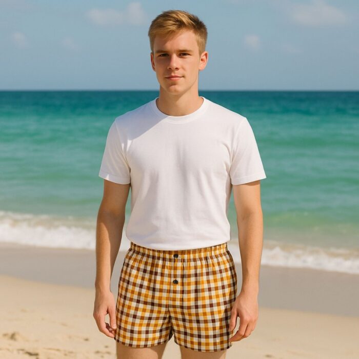 103381087_681352b63e704 بوكسر بتصميم زر مخطط طولي للرجال متعدد الألوان - الصورة 1