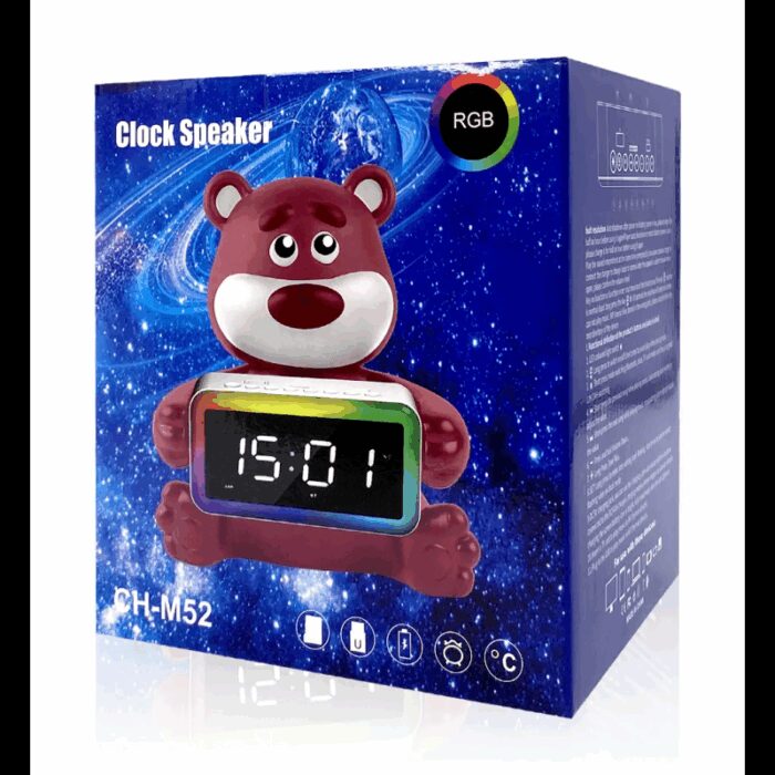⁦ساعة منبه للأطفال مع شاشة وسبيكر بتصميم دب باندا لون أحمر⁩ - الصورة ⁦2⁩