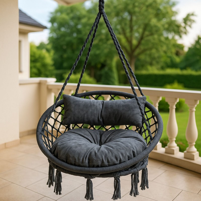 ⁦مرجيحة تعليق مع فرش لون أسود وسكني⁩ - الصورة ⁦1⁩