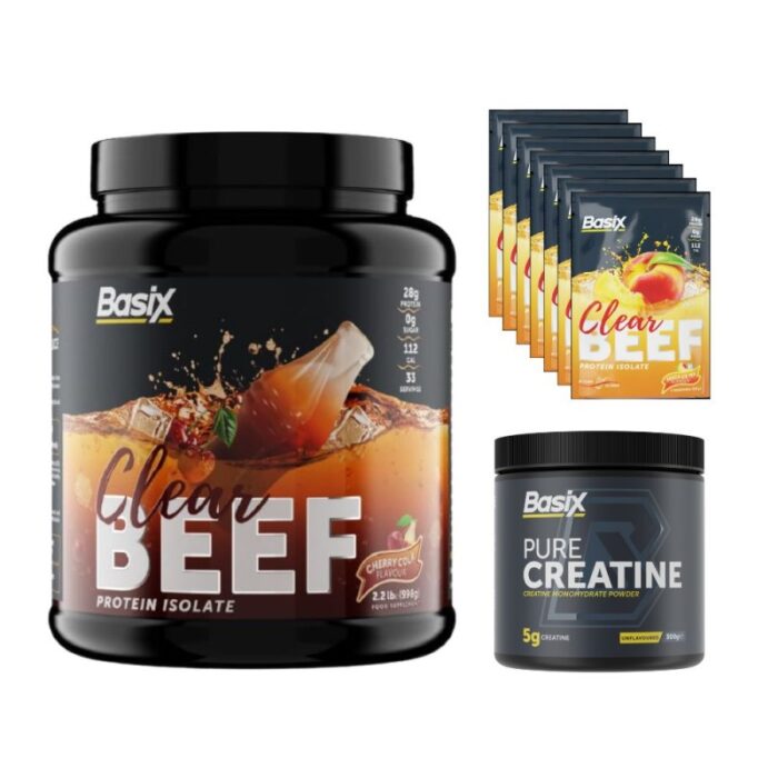 Basix Clear Beef Protein Isolate Cherry Cola 998g + سبع وجبات بروتين + Basix Pure Creatine 300G + shacker