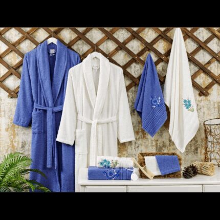 طقم روب حمام قطن 100% 10 قطع VALOR ECO CREAM & BLUE