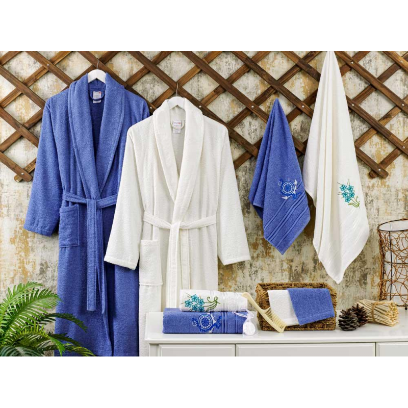 ⁦طقم روب حمام قطن 100% 10 قطع VALOR ECO CREAM & BLUE⁩ - الصورة ⁦1⁩