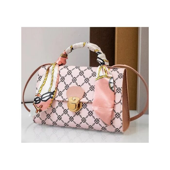 ⁦شنطة صغيرة مربعة أنيقة مع وشاح ملون للفتيات والصبايا- جلد - ارتفاع 12 سم وعرض 18 سم - لون زهري فاتح⁩ - الصورة ⁦2⁩