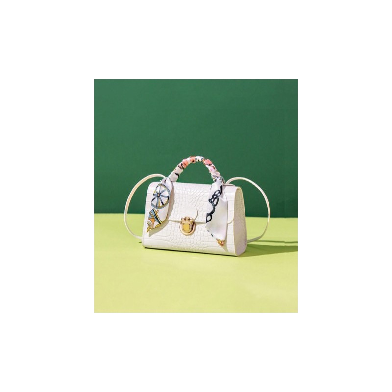 ⁦شنطة صغيرة مربعة أنيقة مع وشاح ملون للفتيات والصبايا- جلد - ارتفاع 12 سم وعرض 18 سم - لون أبيض⁩ - الصورة ⁦1⁩