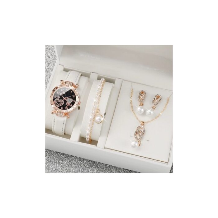 ⁦بكج 4 قطع مكوّن من ساعة نسائية فاخرة مع سنسال وحلق وإسوارة - مصنوعة من اللؤلؤ وحجر الراين الأنيق - لون أبيض⁩ - الصورة ⁦5⁩