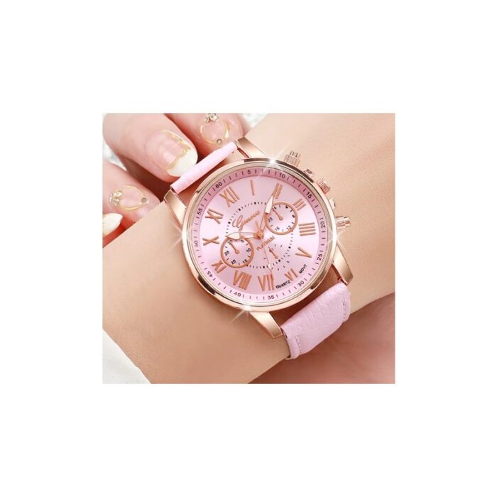 ⁦ساعة كوارتز تصميم عصري وأنيق للصبايا حزام جلد عالي الجودة لون زهري⁩ - الصورة ⁦1⁩