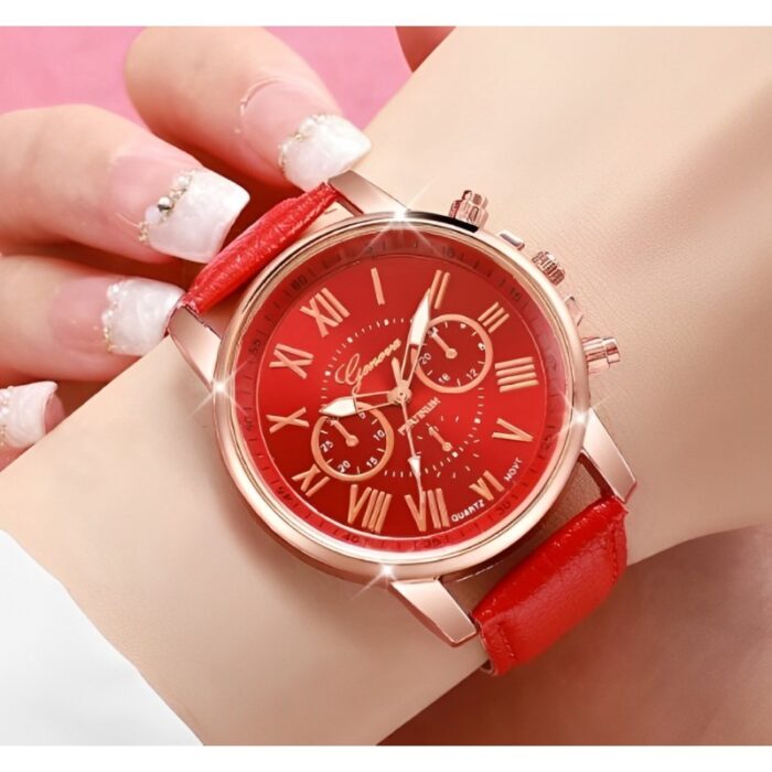 103382221_68335771798ce ساعة كوارتز تصميم عصري وأنيق للصبايا حزام جلد عالي الجودة لون أحمر - الصورة 1