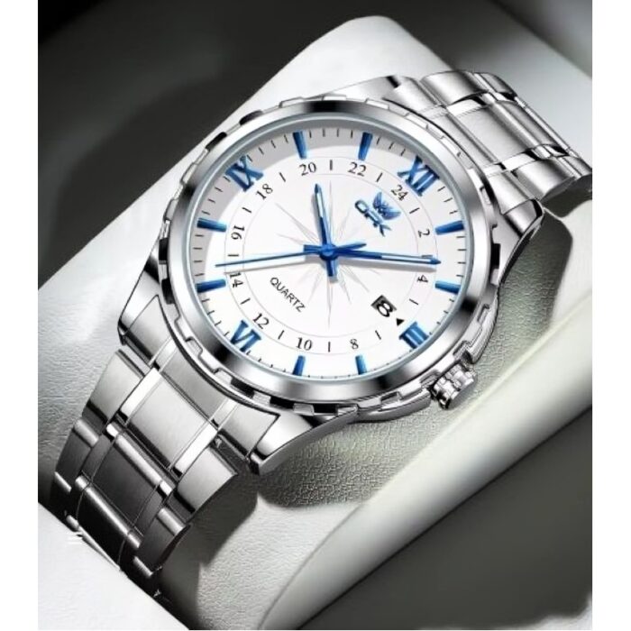 103382266_6833578182955 ساعة كوارتز فاخرة للرجال ماركة OPK العالمية حزام من الستانلس ستيل المقاوم للصدأ مقاومة لرذاذ الماء لون فضي مع عقارب باللون الأزرق - الصورة 1