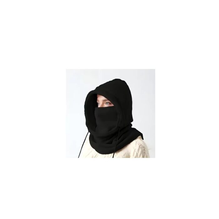 طنطور شتوي لكلا الجنسين من الصوف الناعم مع قناع ورباط قابل للتعديل- مثالي في فصل الشتاء أثناء المشي والجري وركوب الدراجات- لون أسود