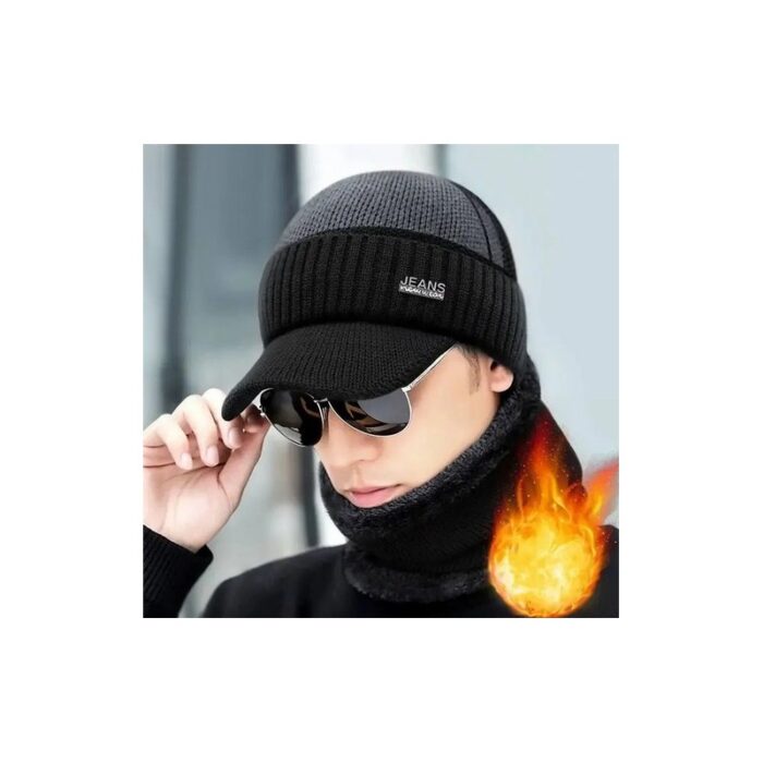 ⁦طقية صوف شتوية عصرية للرجال مع لفحة للرقبة تصميم عصري وأنيق لون أسود مع سكني ماركة Jeans⁩ - الصورة ⁦3⁩