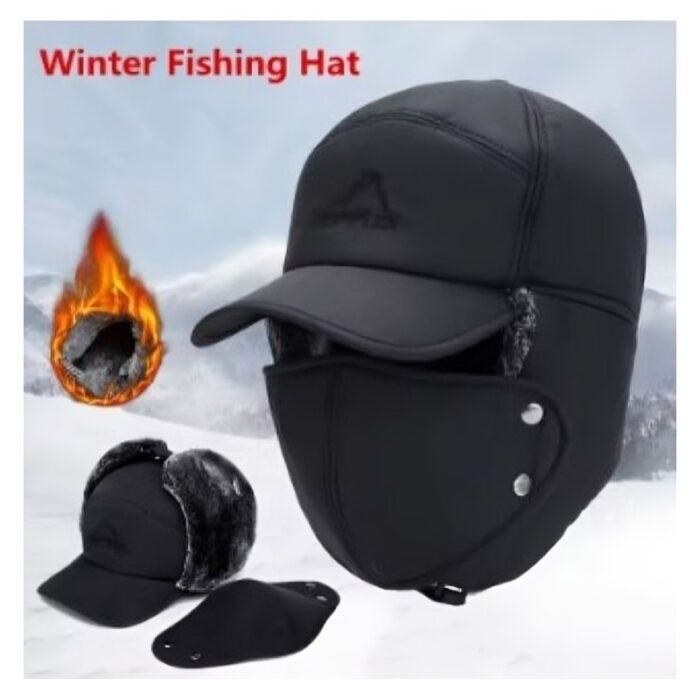 ⁦طقية فرو دافئ للرجال مع غطاء للاذنين و للانف والفم يمكن إزالته - يمكن ارتداؤها في أي مكان وأثناء الجري وركوب الدراجات - لون اسود⁩ - الصورة ⁦5⁩