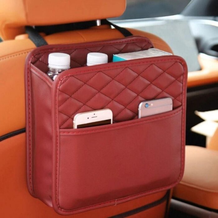 ⁦حقيبة تخزين مقعد السيارة الخلفي متعددة الوظائف مصنوعة من الجلد قوة تحمل قوية مقاومة للاهتراء ومضادة للأوساخ لون بني⁩ - الصورة ⁦5⁩