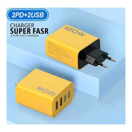 عظمة شحن سريع مدخلين USB ومدخلين Type C بقوة 120 واط متوافق مع هواتف شاومي هواوي وأيفون 14 و15